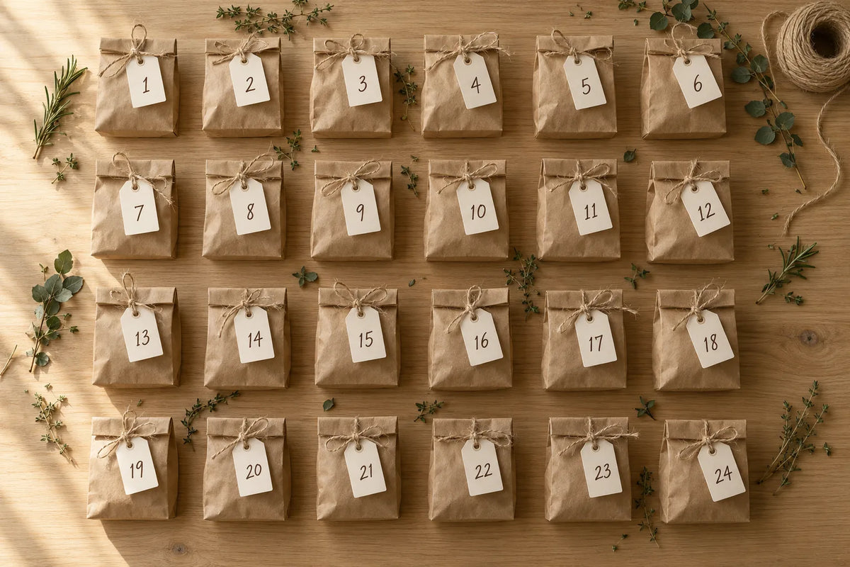 Illustration: twenty-four kraft paper bags tied with twine and numbered tags 1 to 24, laid out on a wooden table