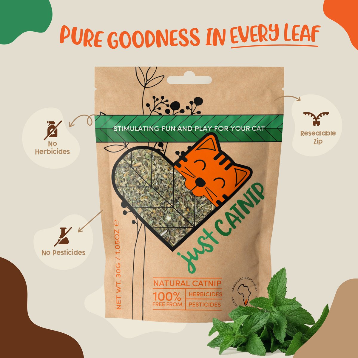 Pure goodness in every leaf: no herbicides, no pesticides, resealable zip