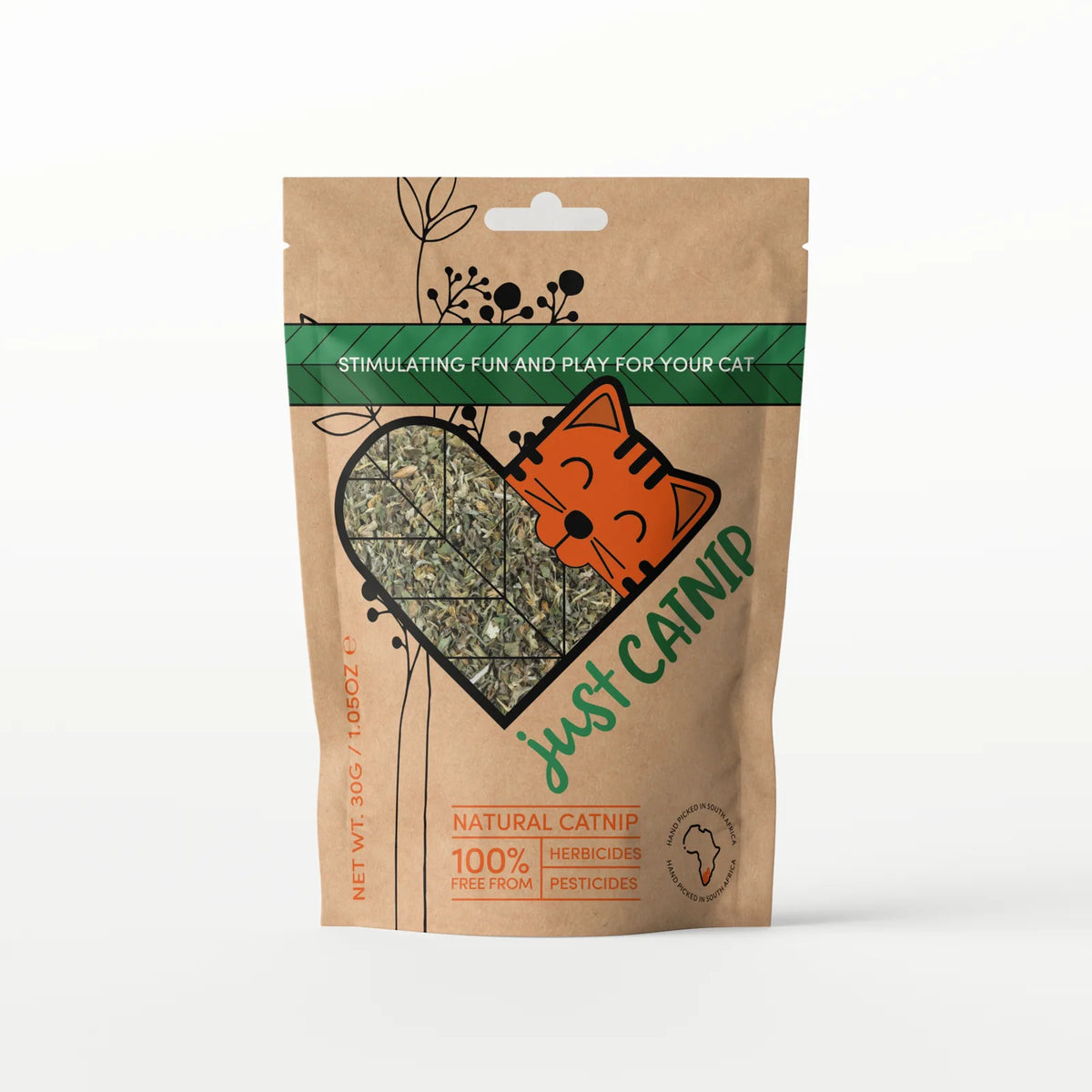 Catnip pouch front, kraft with green band and heart-shaped cat logo window, studio shot on light grey.