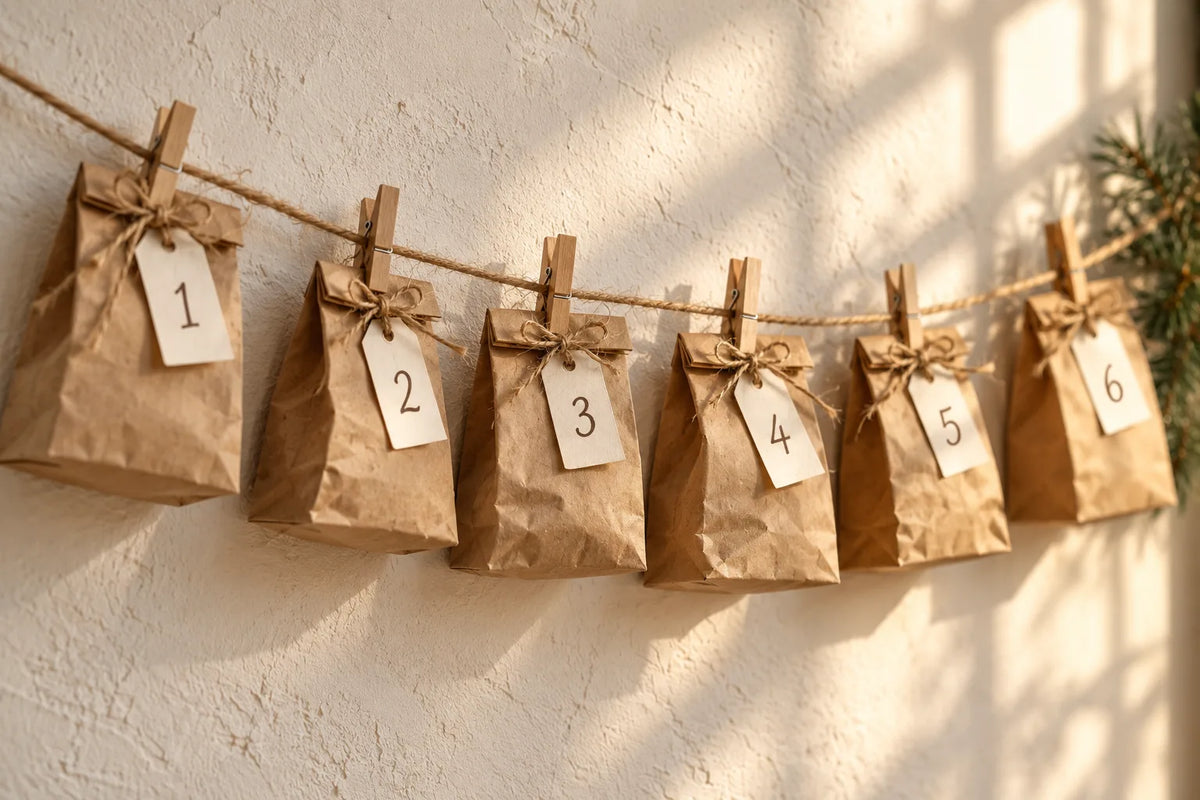 Illustration: six kraft paper bags numbered 1 to 6, pegged along a twine line against a cream wall