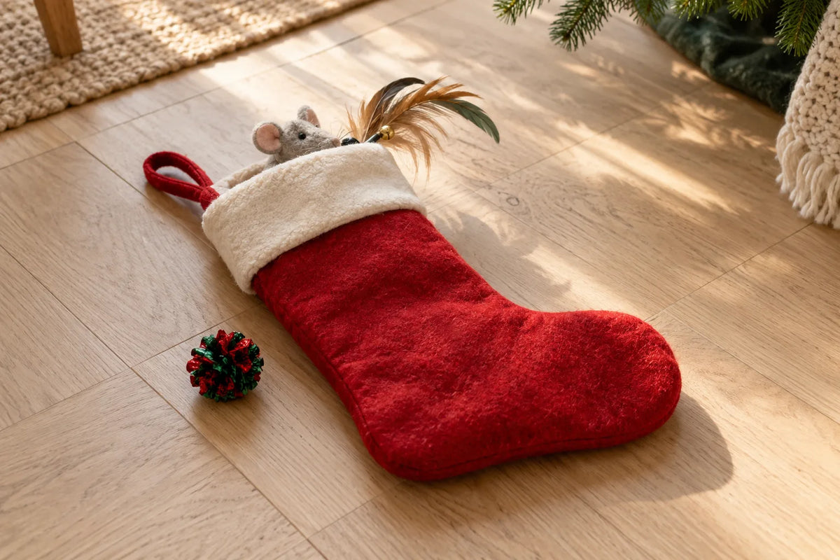 Illustration: a red felt Christmas stocking on a wooden floor, holding a toy mouse and feather wand, beside a foil ball