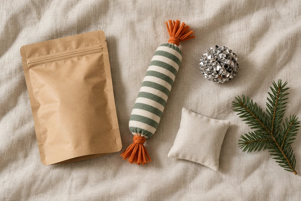 Illustration: a plain kraft pouch, striped kicker toy, silver foil ball, small fabric pillow and pine sprig on linen