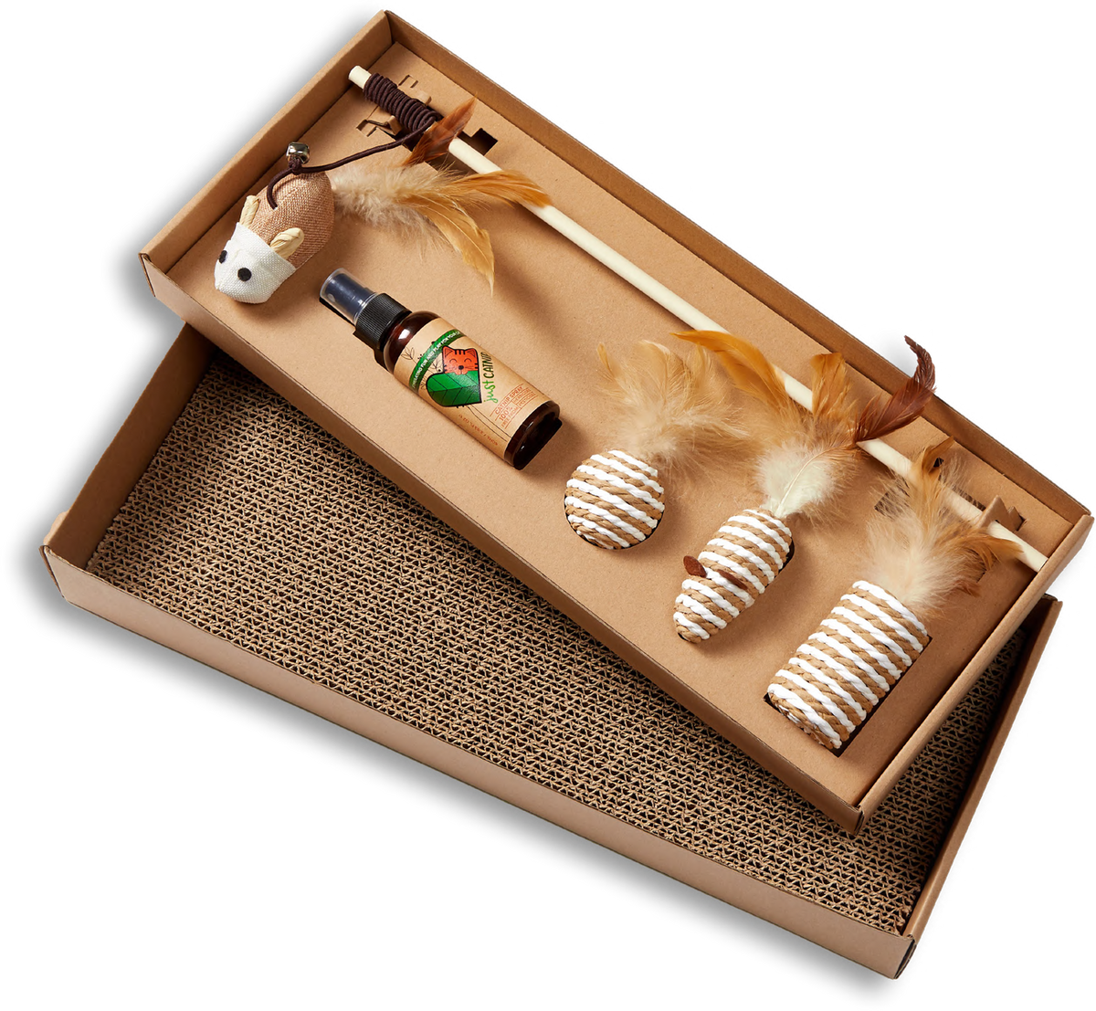 Just Catnip Chew & Chase Play Set: catnip toys gift box with three kicker toys, feathered-mouse wand, scratch board and catnip spray
